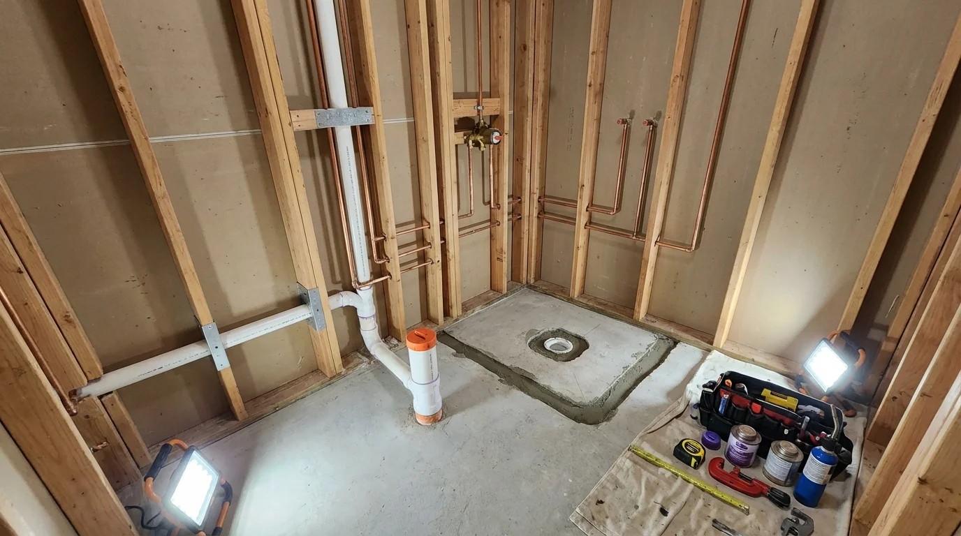 Bathroom rough-in plumbing during remodel by Johns Plumbing LLC in Helper