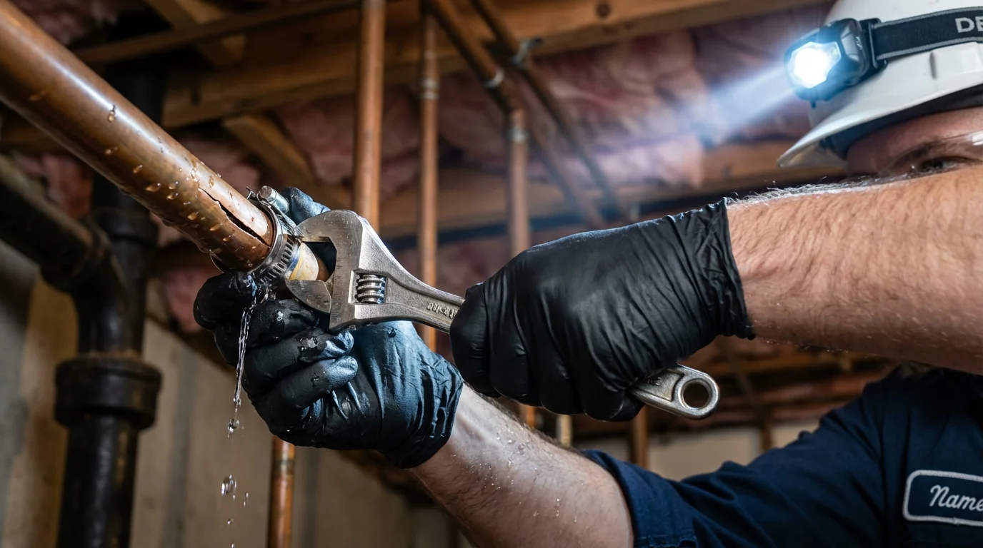 Emergency pipe clamp repair being performed by a Johns Plumbing LLC plumber in Helper