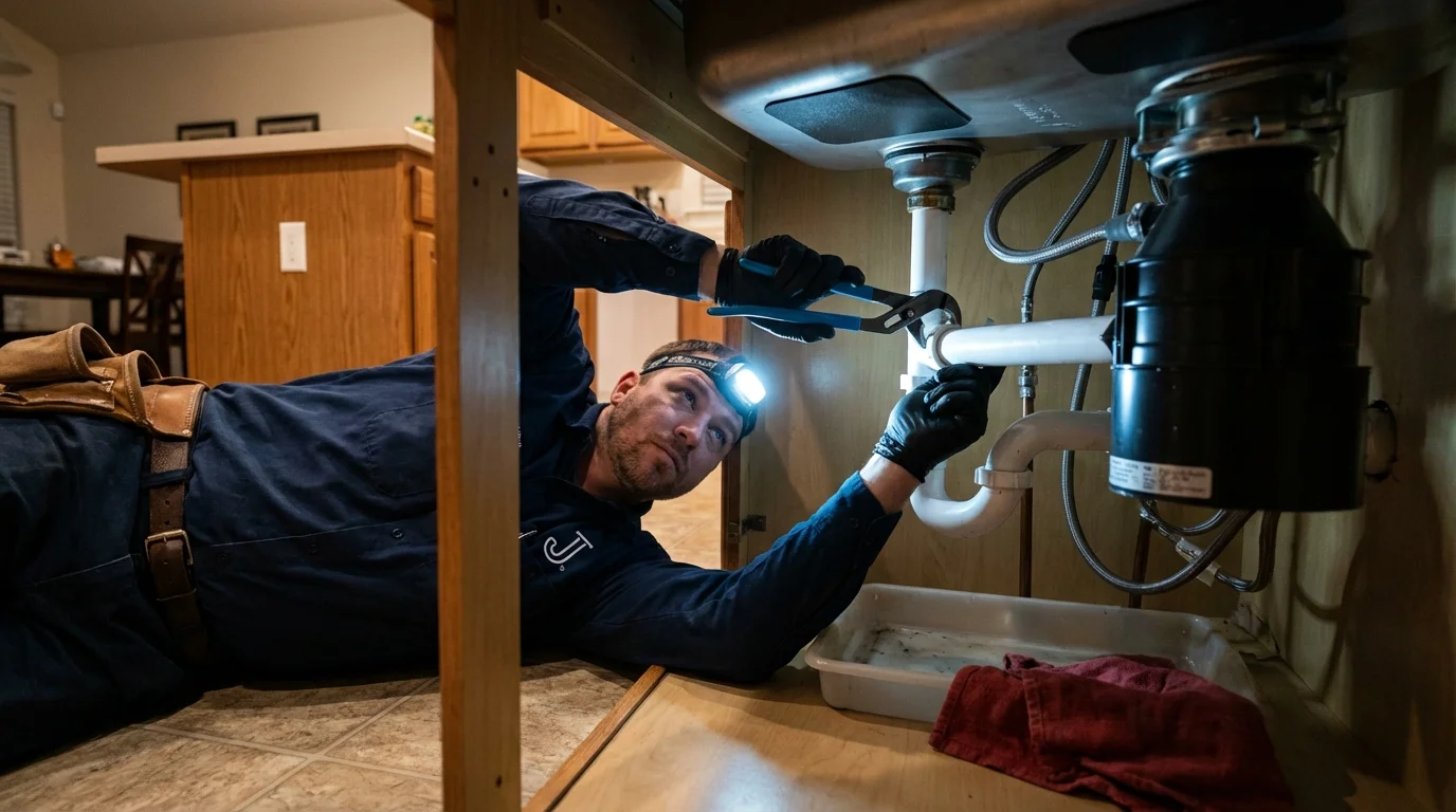 P-trap and supply line connections under a kitchen sink showing a common leak point in Helper, UT